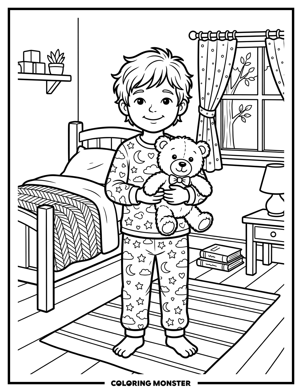 Child With Teddy Bear in Pajamas Coloring Page