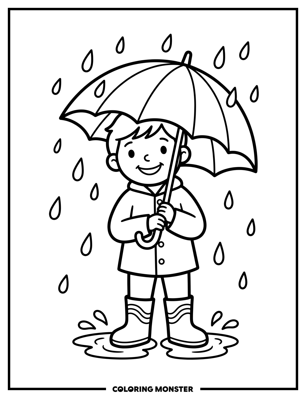 Child With Umbrella In Puddles Coloring Page