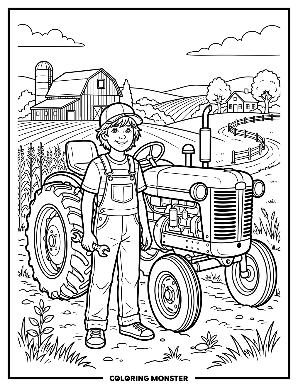 Child With Vintage Tractor Coloring Page