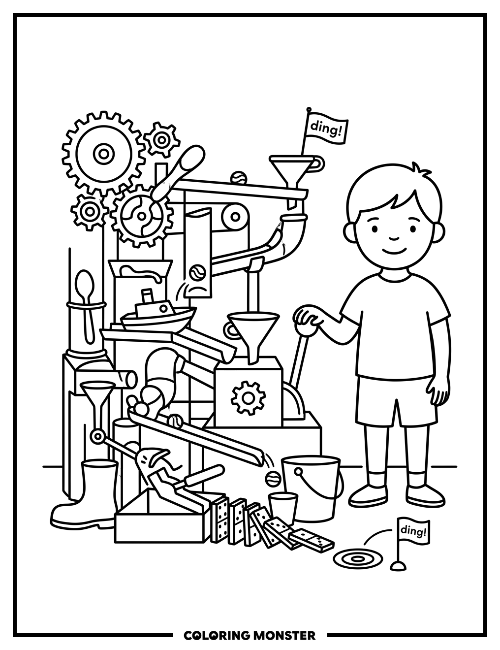 Child With Whimsical Contraption Coloring Page
