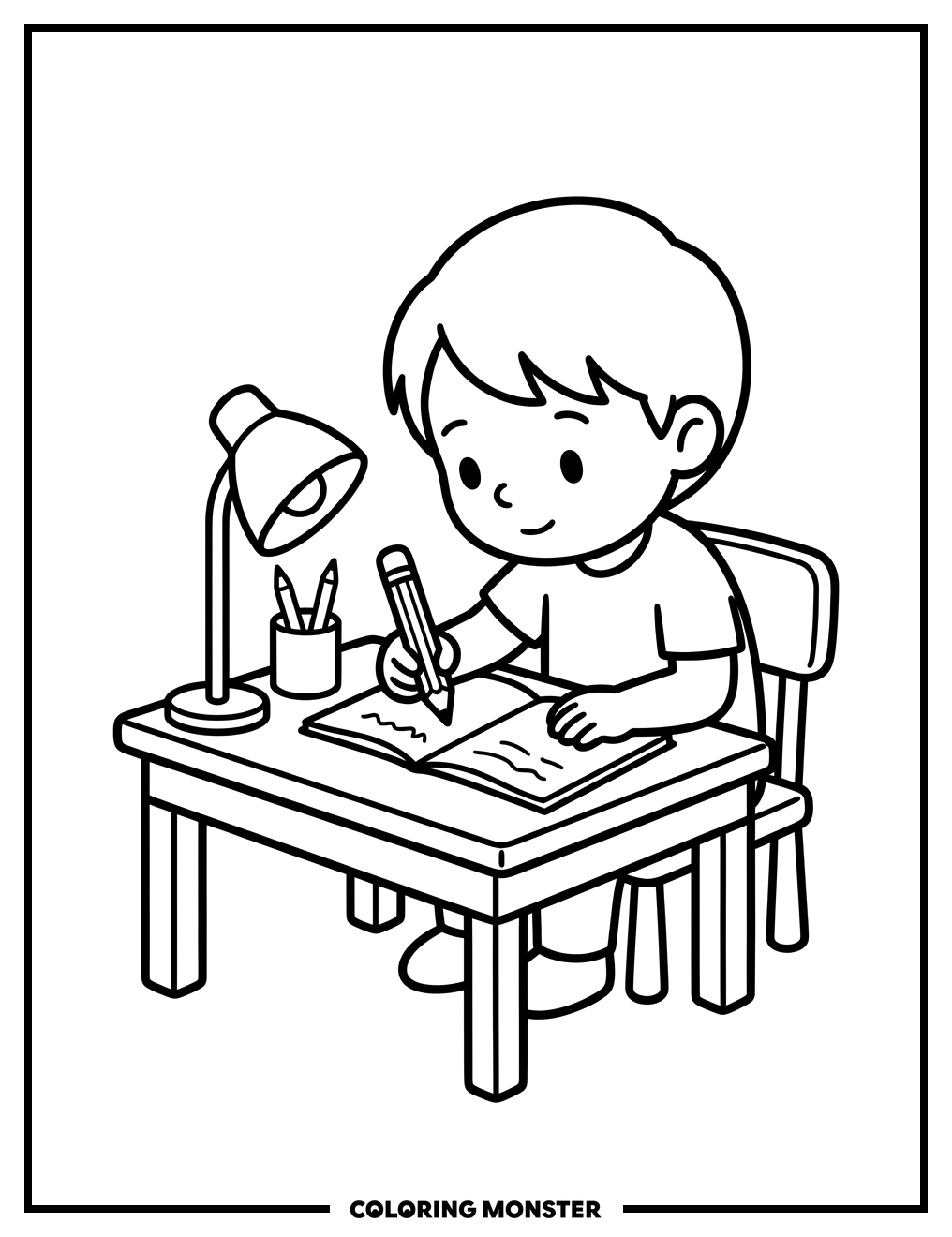 Child Writing at Desk Coloring Page