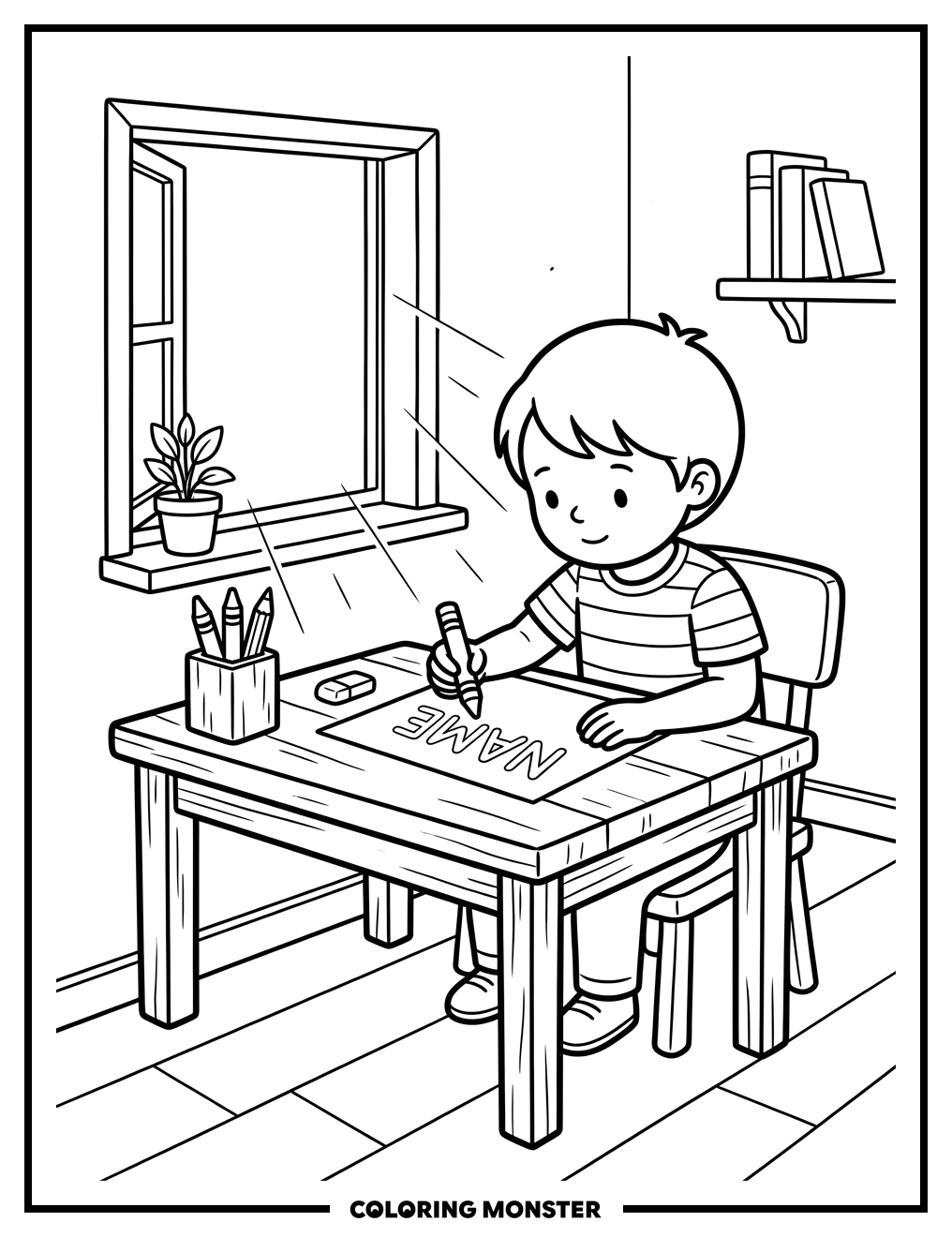 Child Writing Name With Crayon Coloring Page