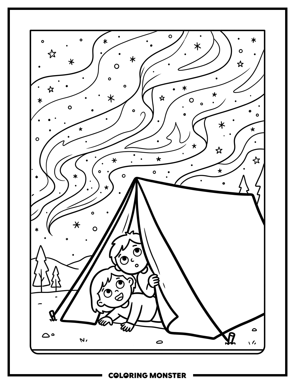 Children Admire Aurora Borealis Coloring Page