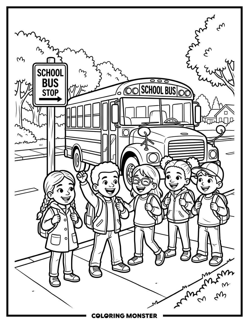 Children And School Bus Coloring Page