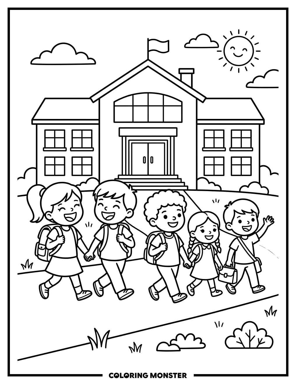 Children Arriving At School Coloring Page