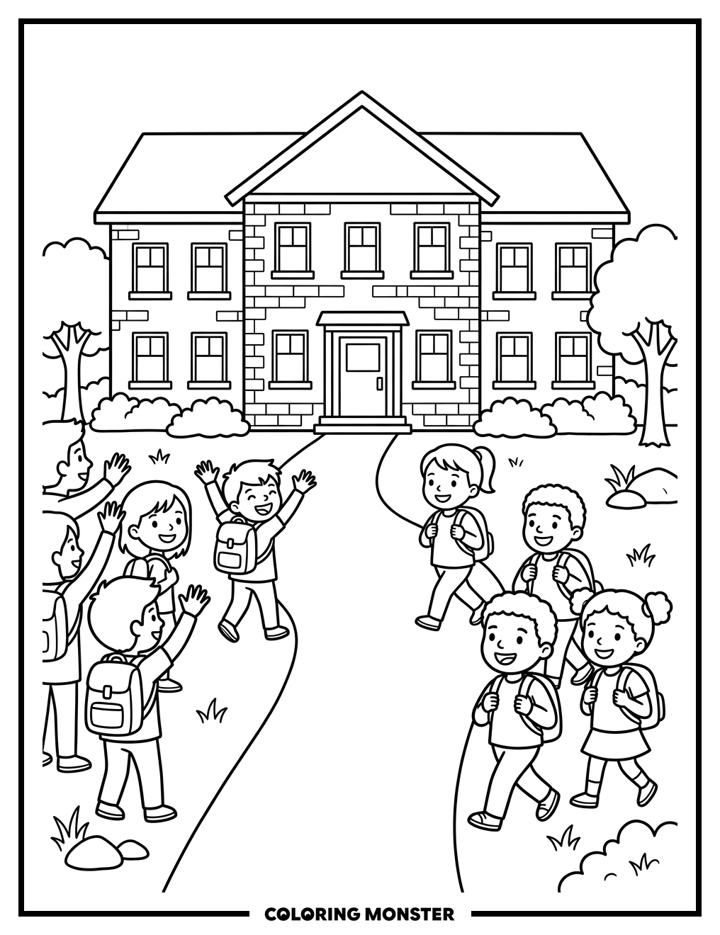 Children Arriving At School Coloring Page