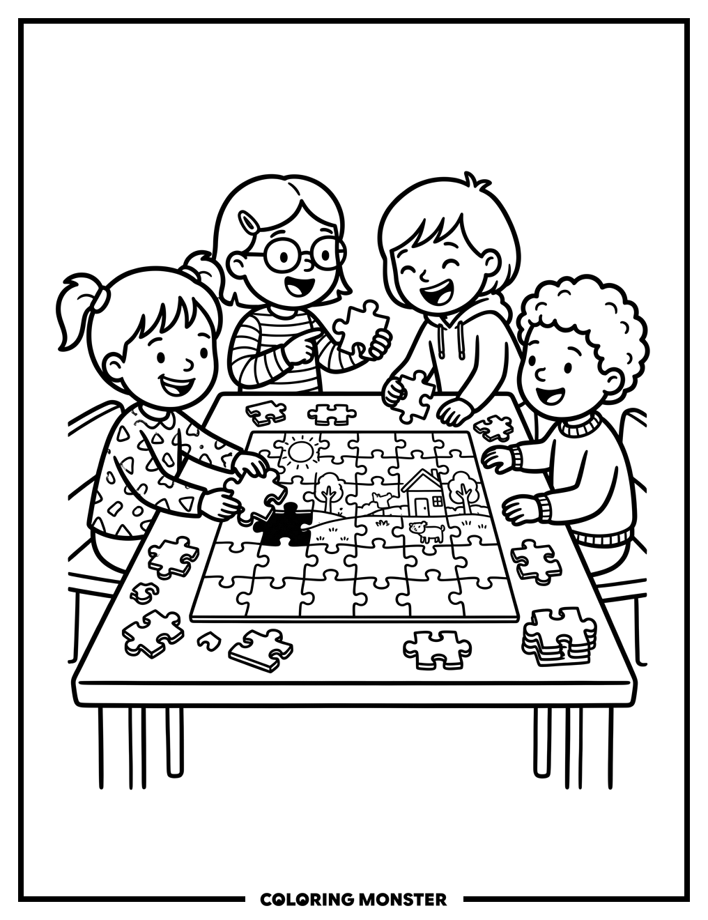 Children Assembling a Jigsaw Puzzle Coloring Page