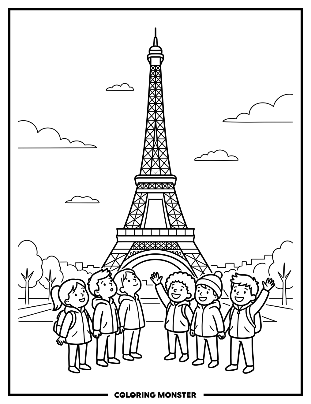 Children At The Eiffel Tower Coloring Page