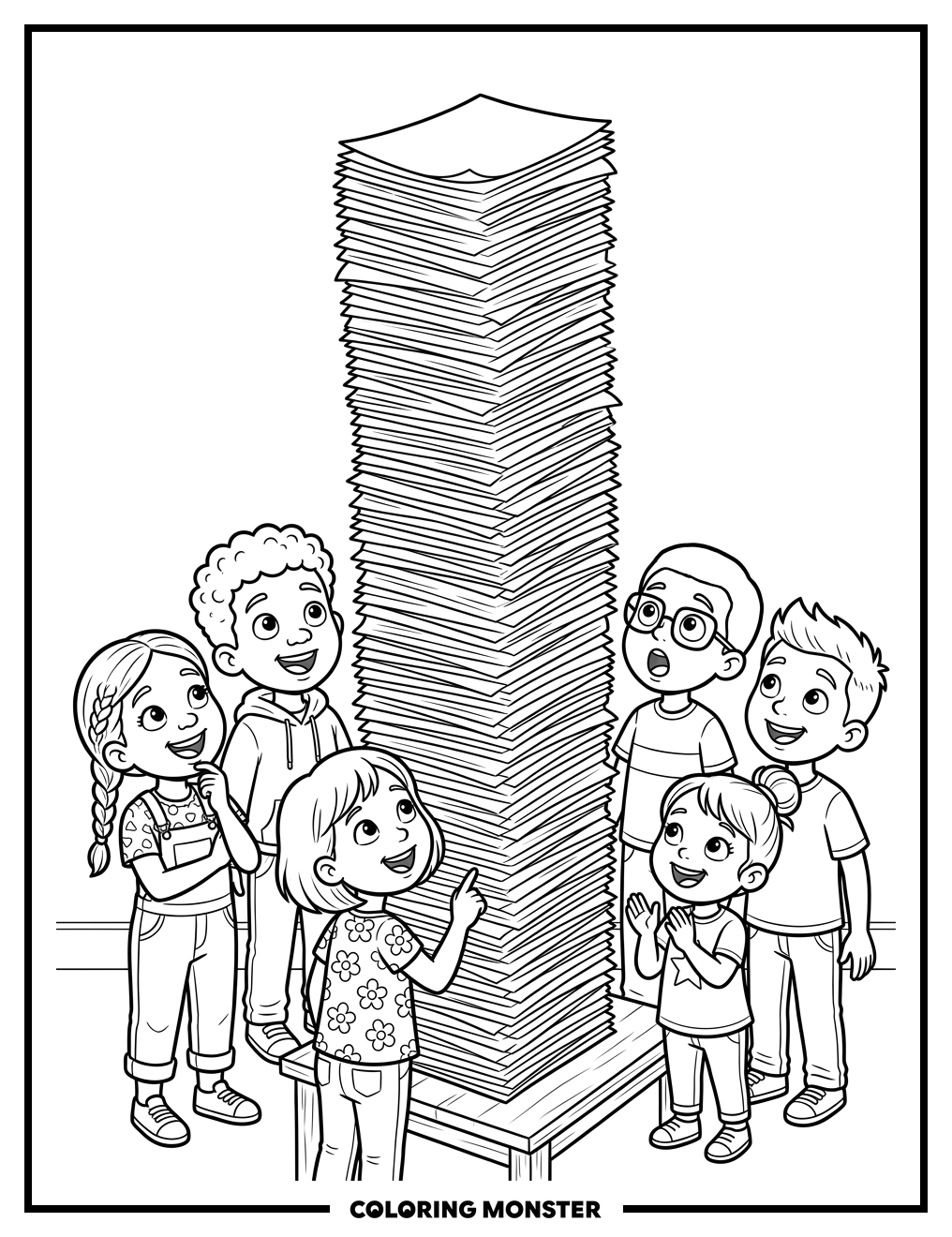 Children Behold A Tower Of Blank Pages Coloring Page
