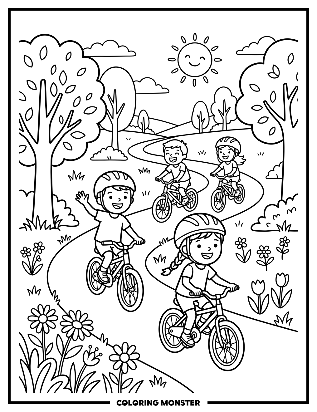Children Biking in Sunny Park Coloring Page