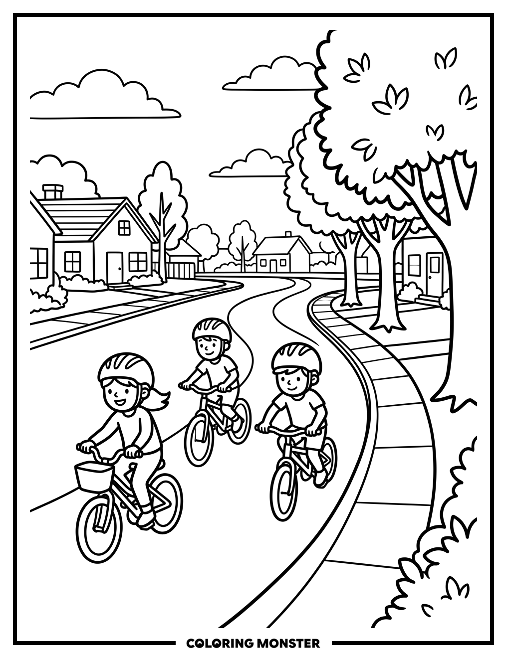 Children Biking Through Suburbia Coloring Page