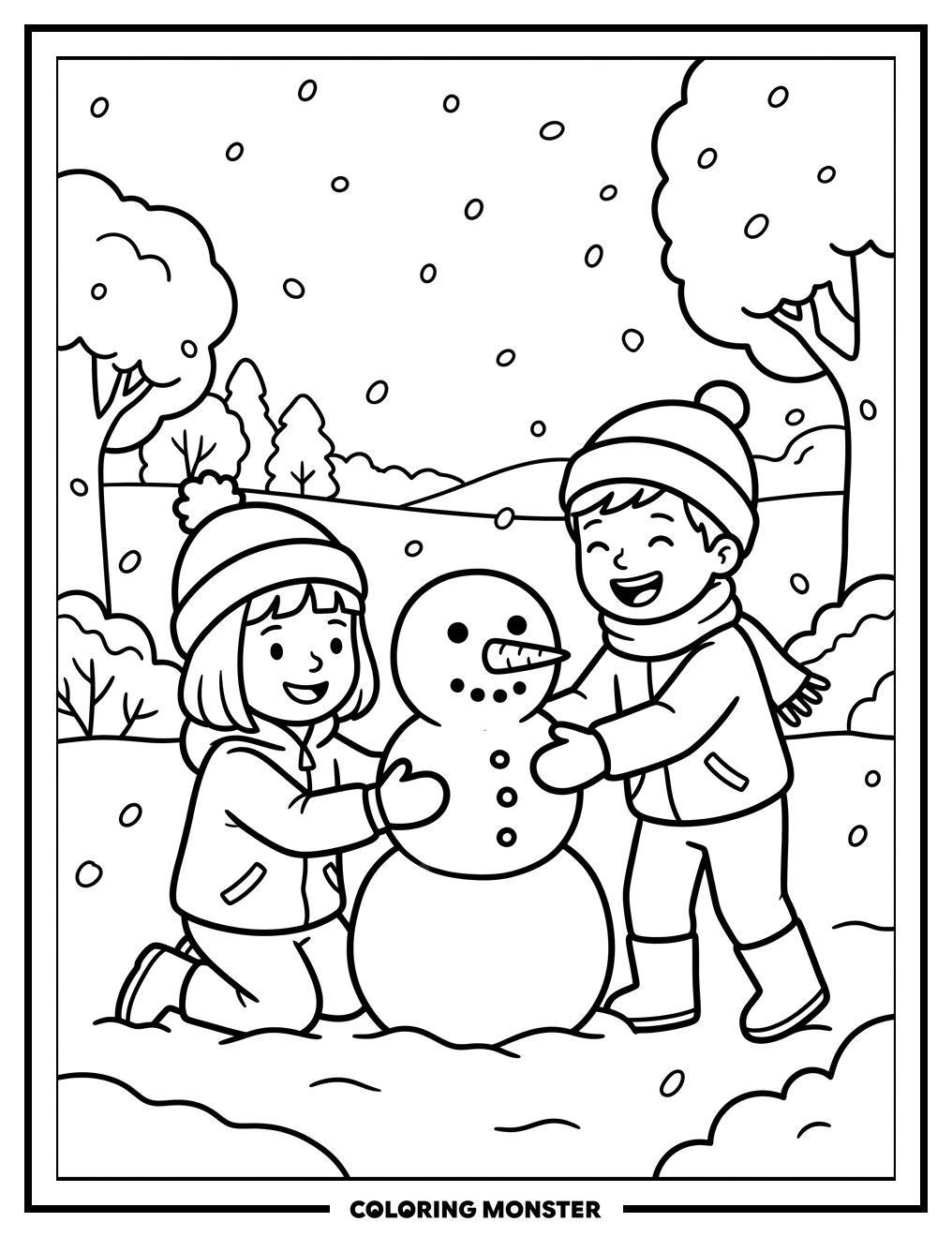 Children Build a Snowman Together Coloring Page