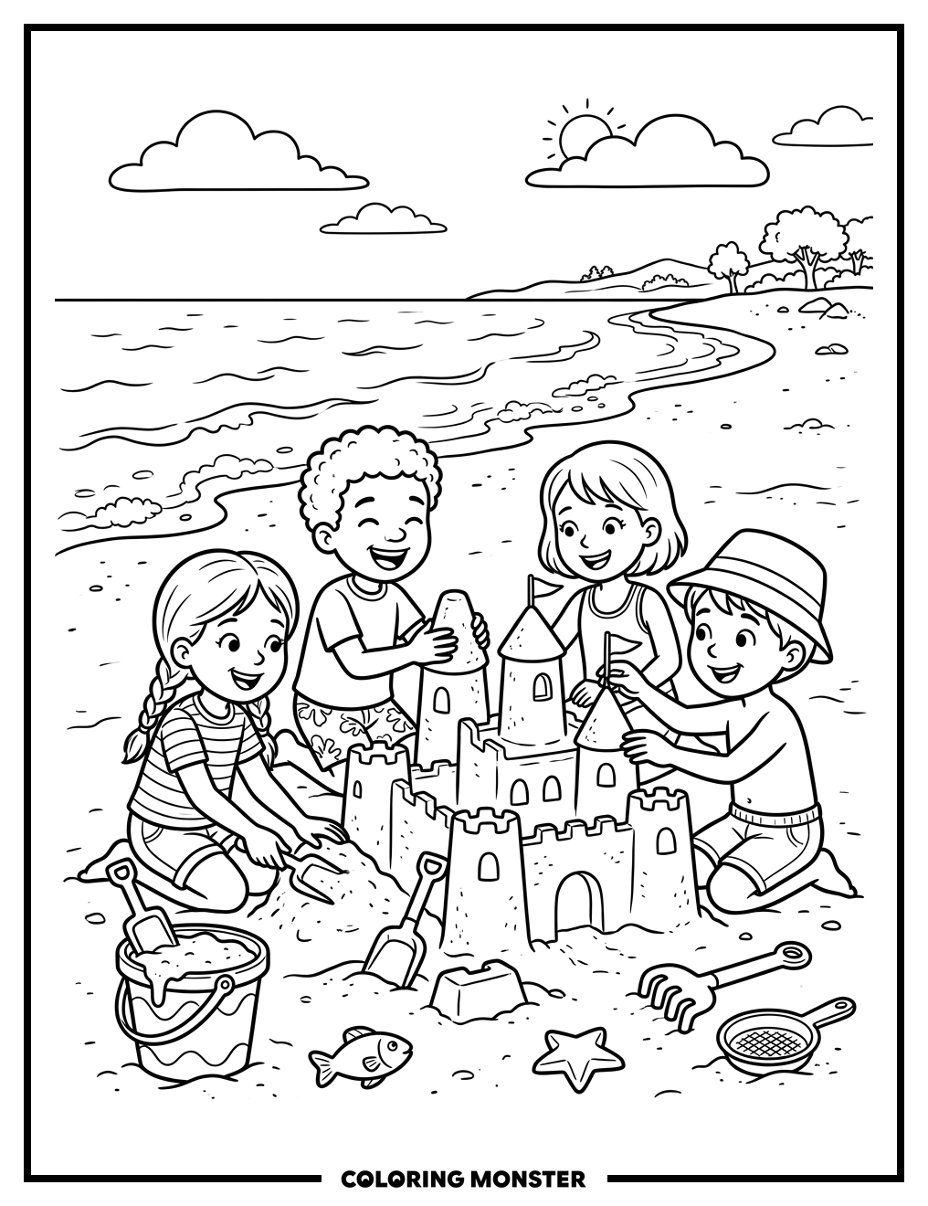 Children Build Sandcastle On Sunny Beach Coloring Page