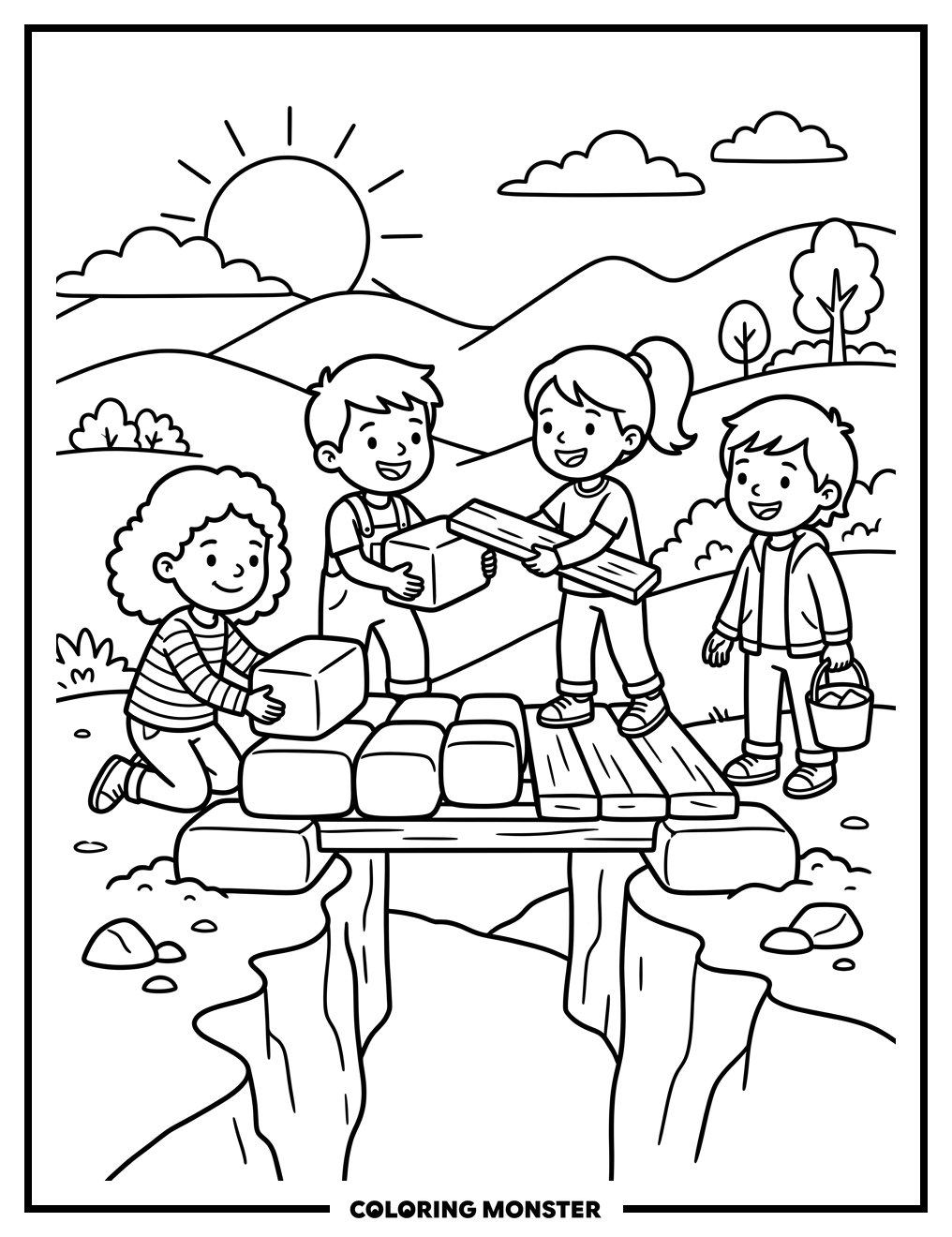 Children Building a Bridge Together Coloring Page