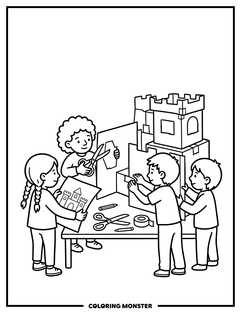 Children Building a Cardboard Fort Together Coloring Page