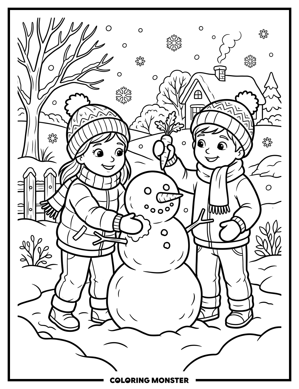 Children Building a Snowman Coloring Page