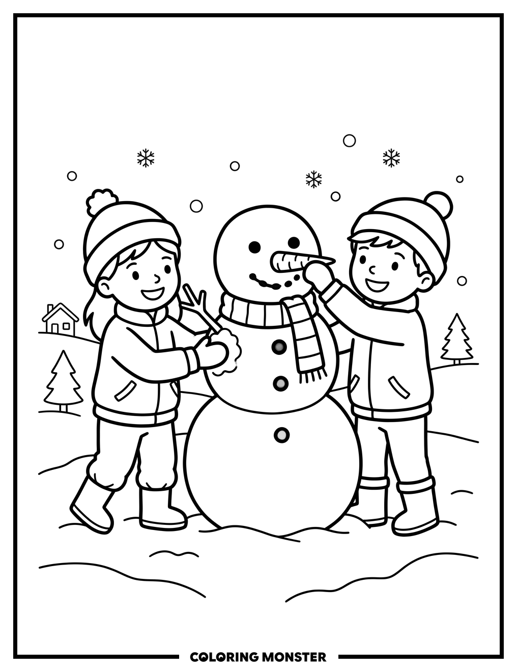 Children Building A Snowman Coloring Page