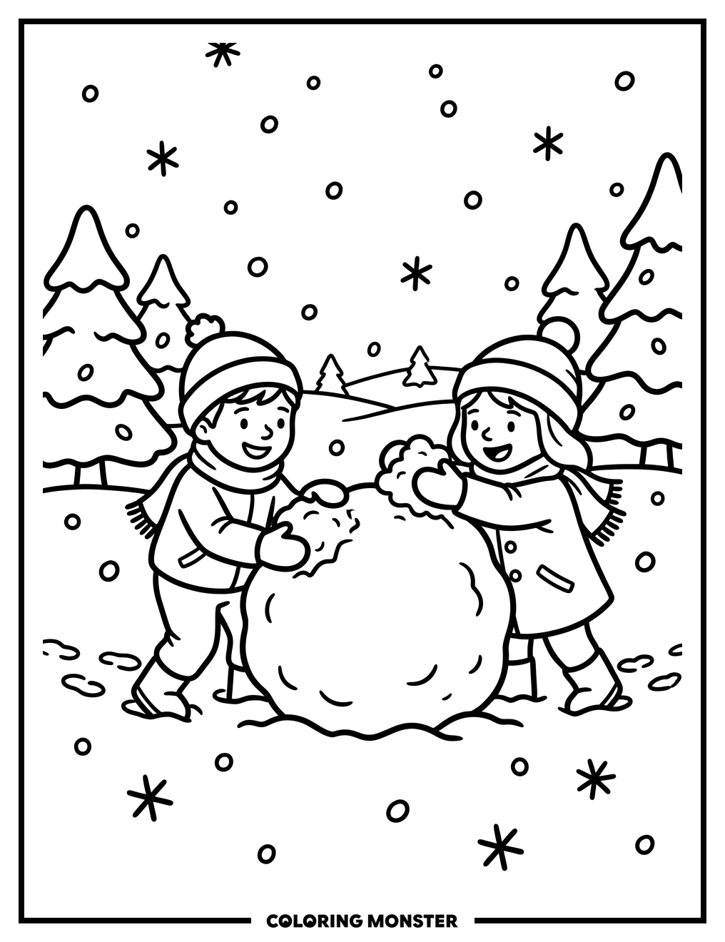 Children Building a Snowman Together Coloring Page