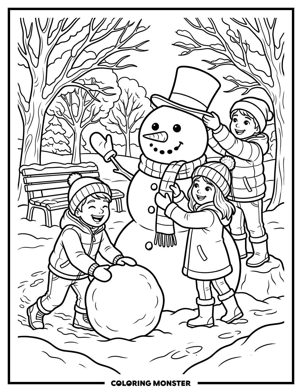 Children Building a Snowman Together Coloring Page