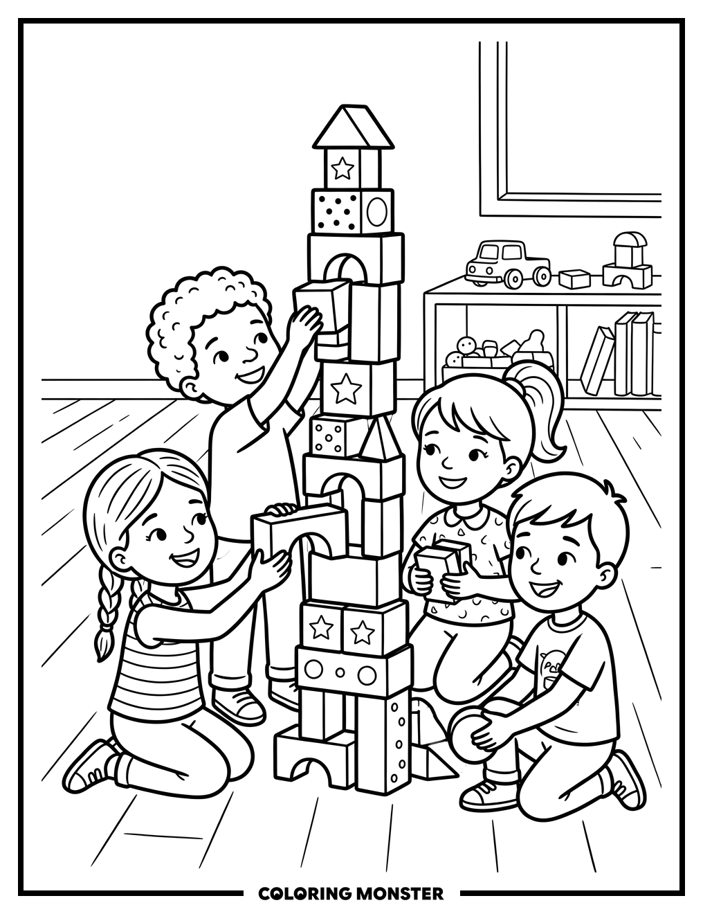 Children Building Block Tower Coloring Page