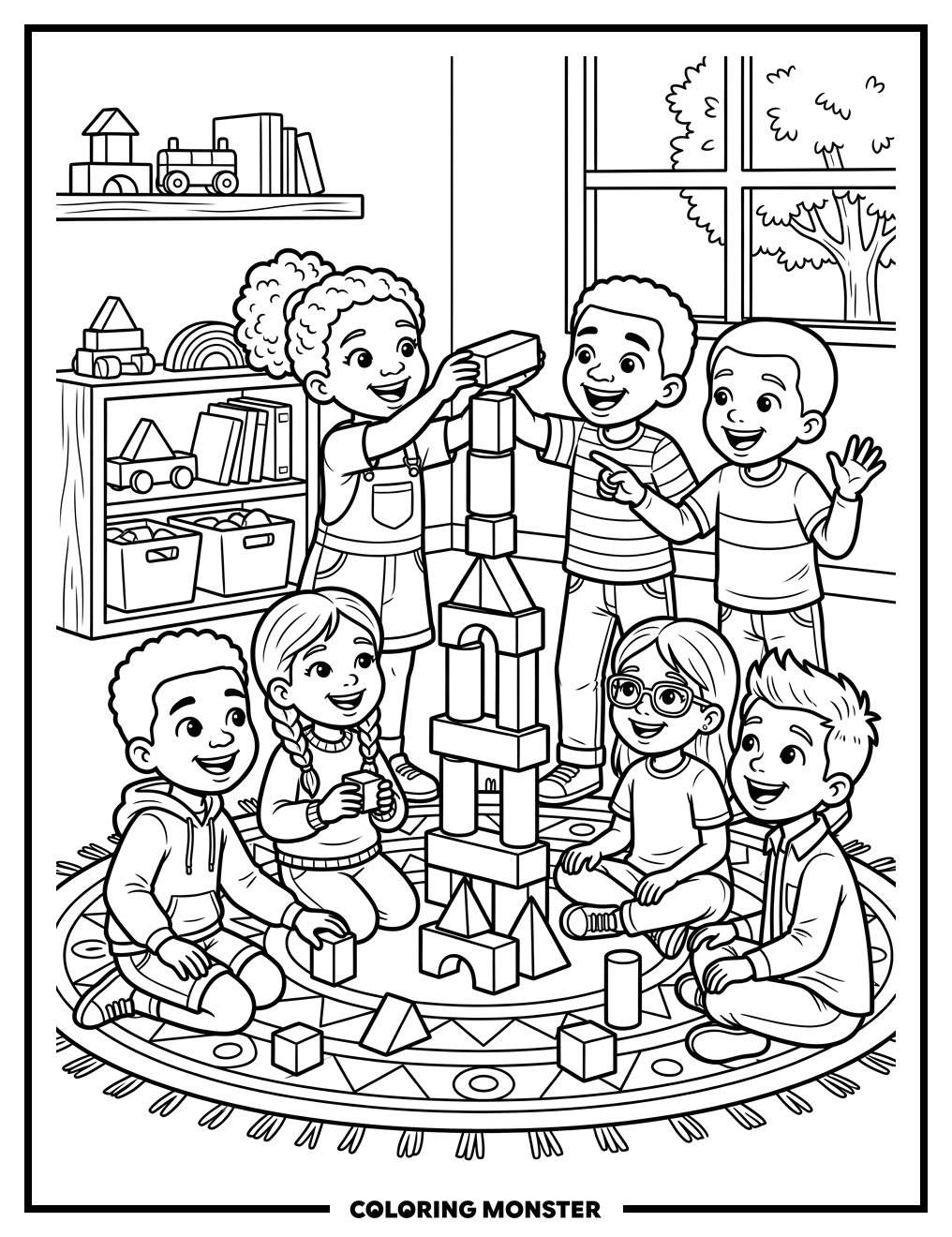 Children Building Block Tower Together Coloring Page