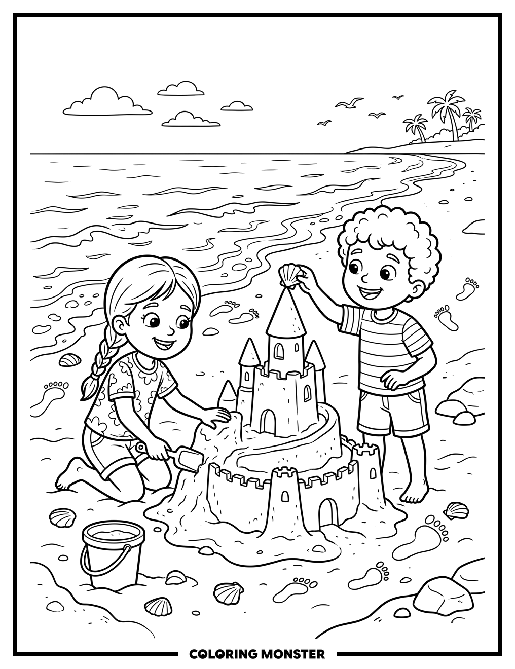Children Building Sandcastle At The Beach Coloring Page