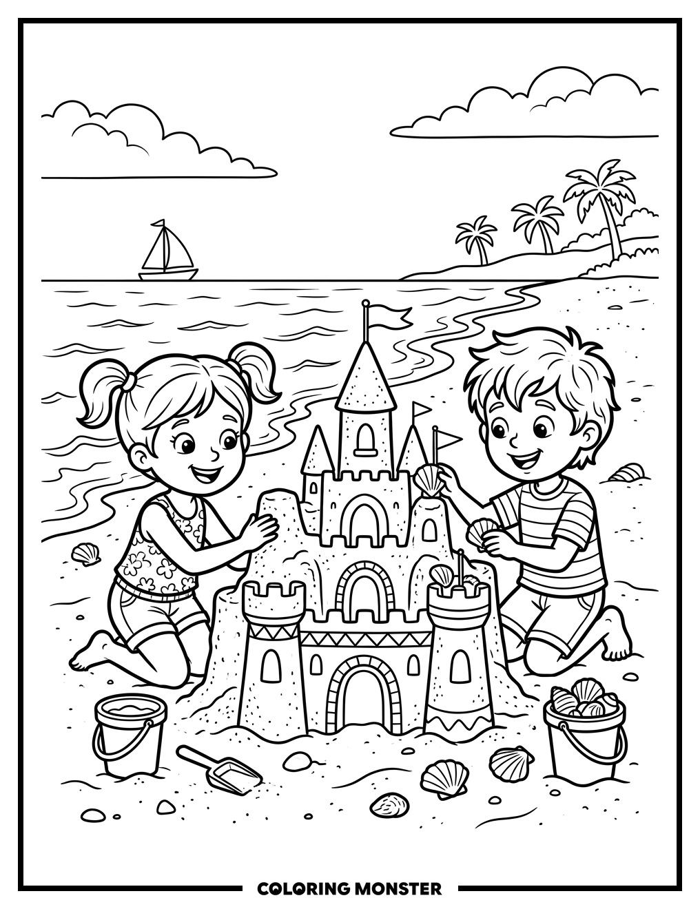 Children Building Sandcastle On Beach Coloring Page