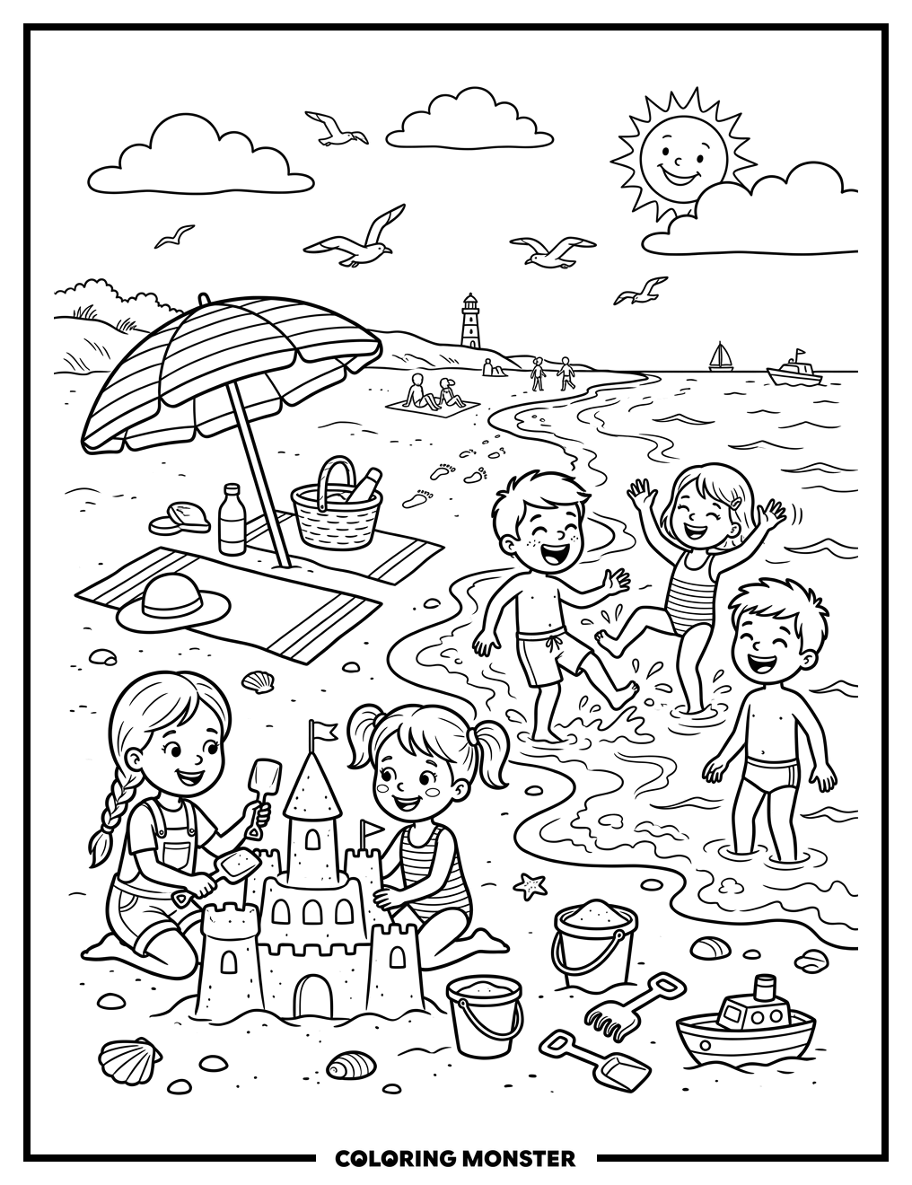 Children Building Sandcastles At The Beach Coloring Page