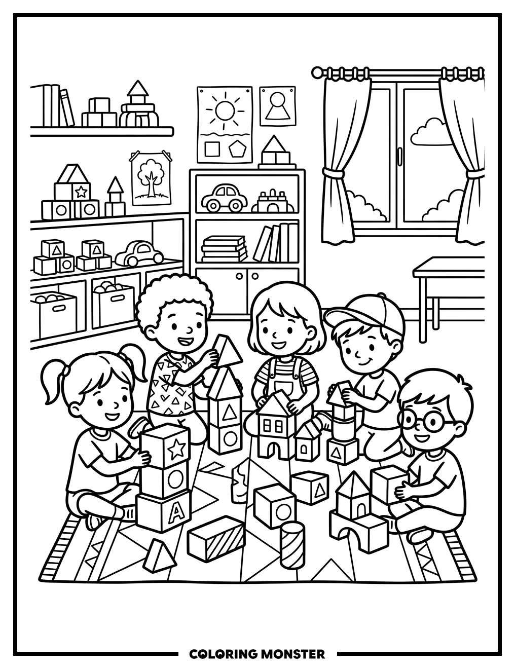 Children Building With Blocks Coloring Page