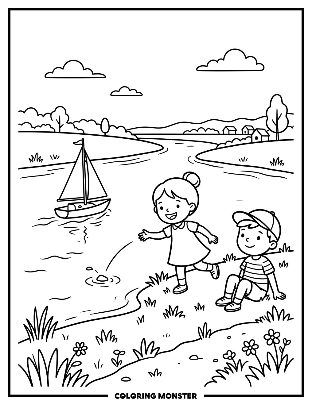 Children by the River Coloring Page