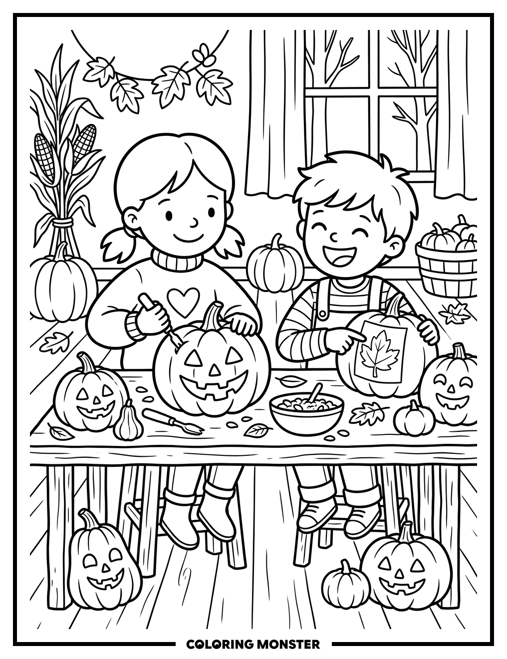 Children Carving Pumpkins Together Coloring Page