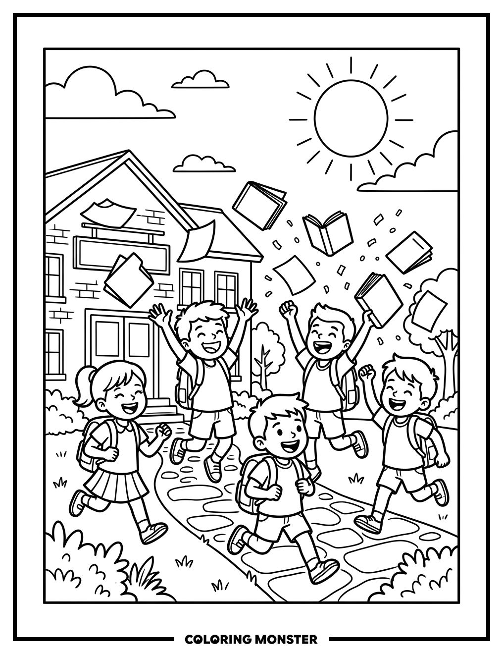 Children Celebrate End Of School Year Coloring Page