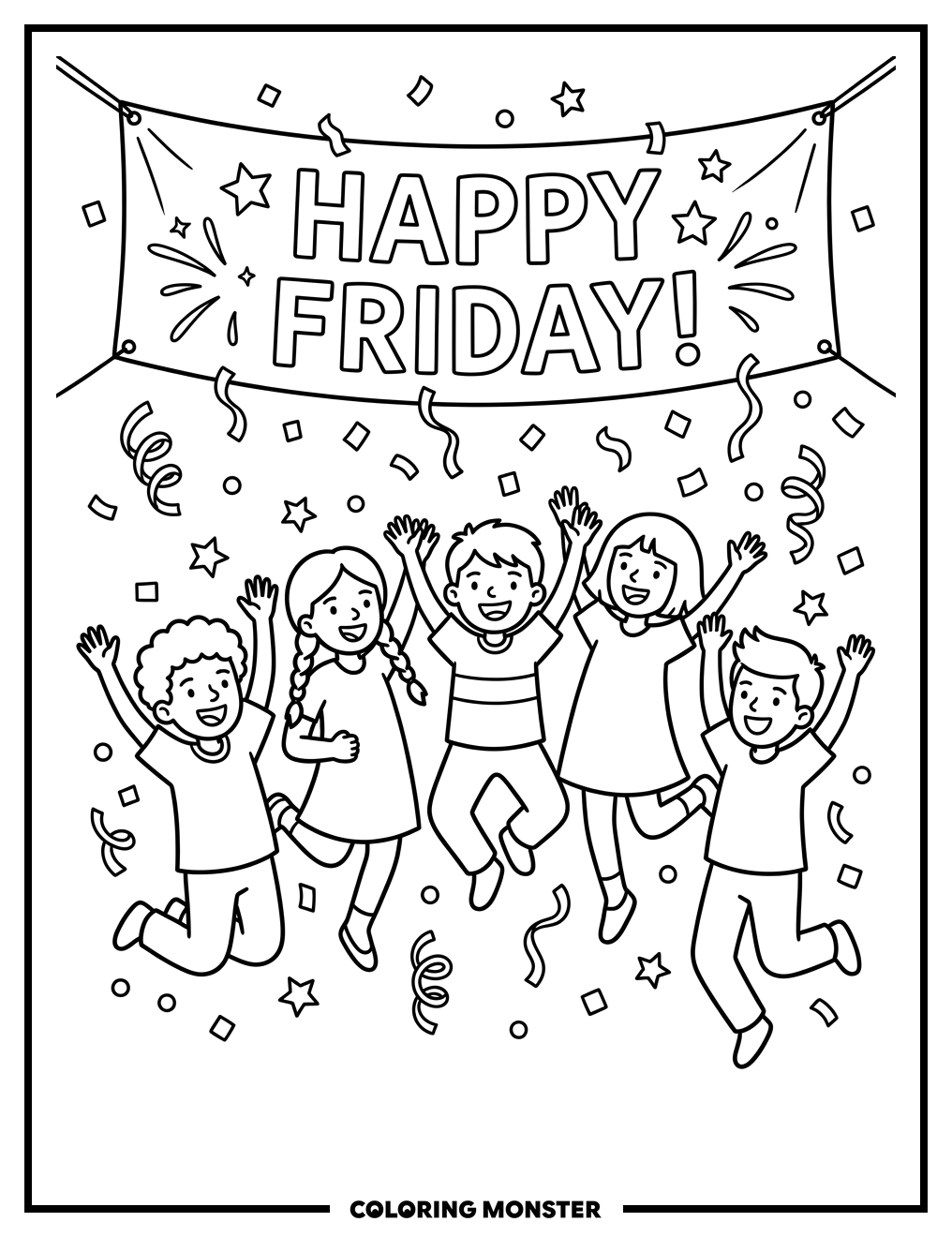 Children Celebrate Friday With Confetti Coloring Page