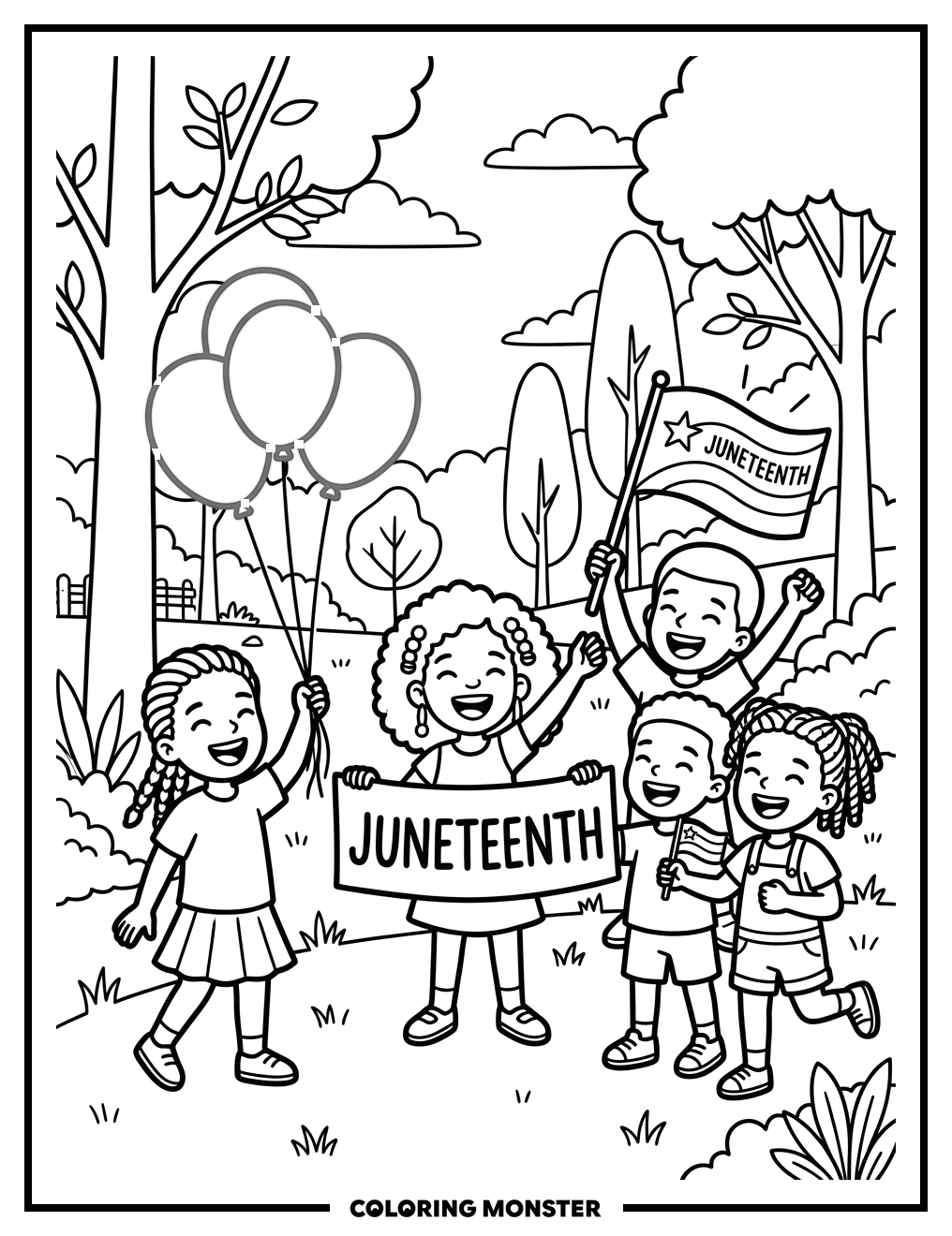 Children Celebrate Juneteenth With Balloons Coloring Page