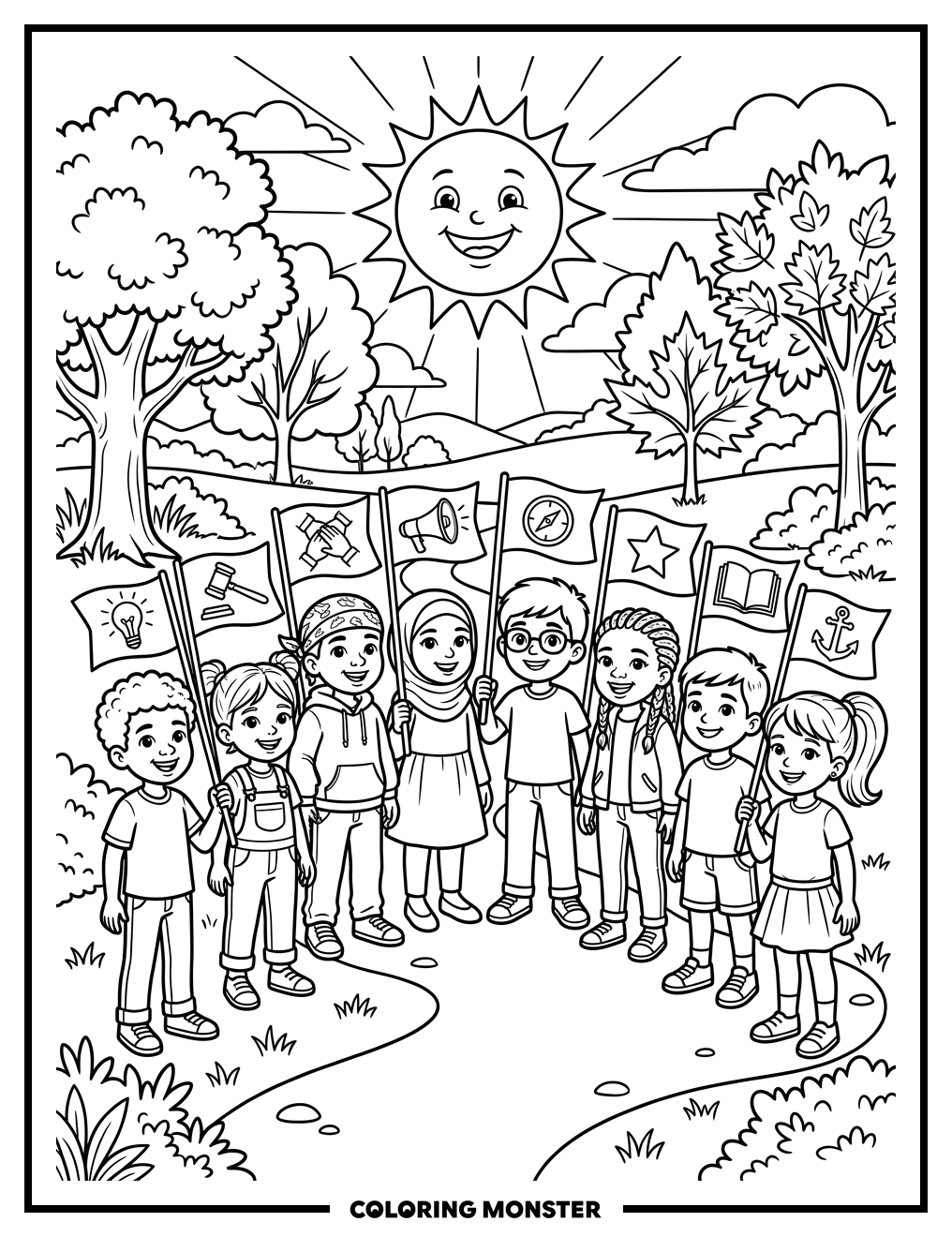 Children Celebrate Leadership Qualities in the Park Coloring Page