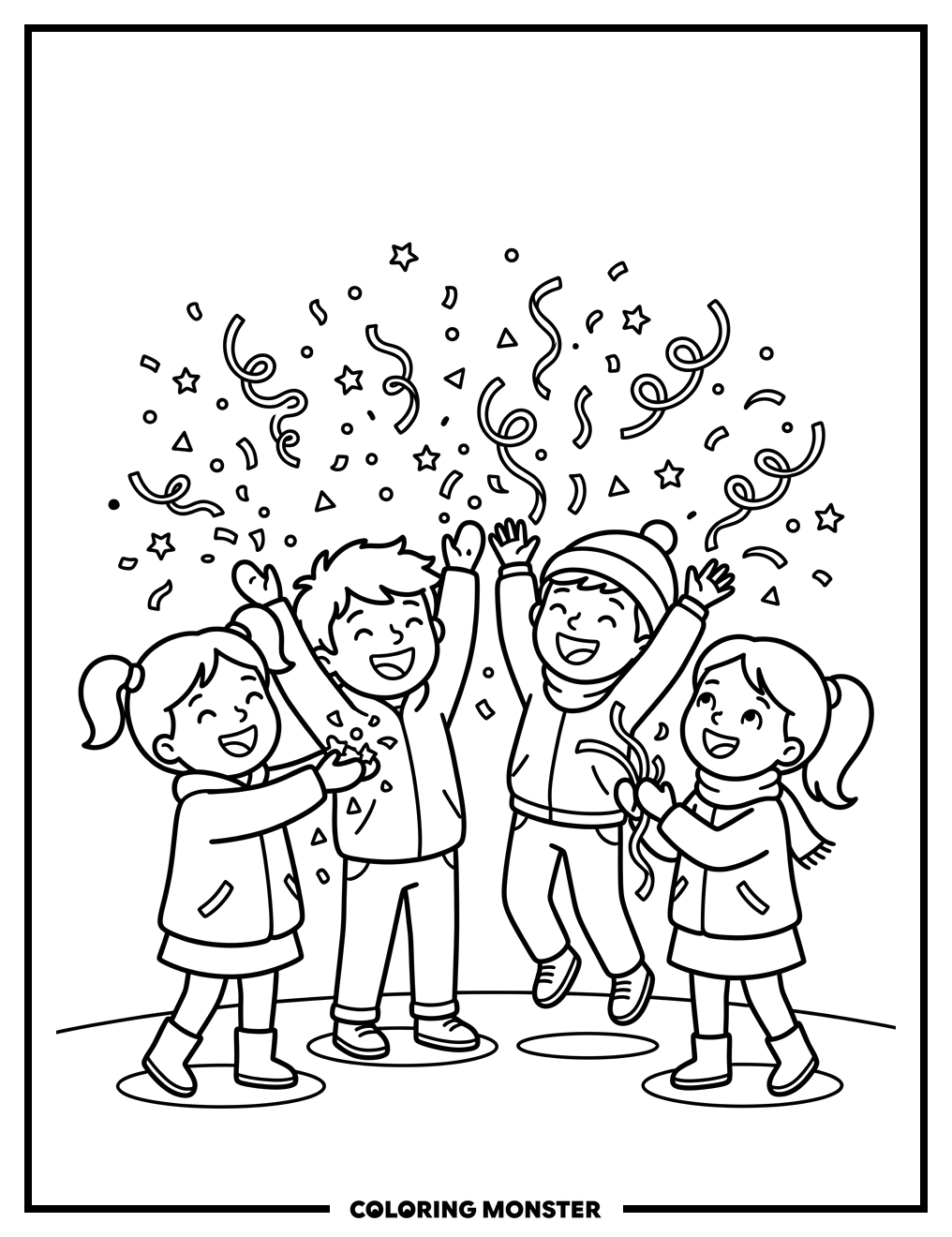 Children Celebrate New Year With Confetti Coloring Page
