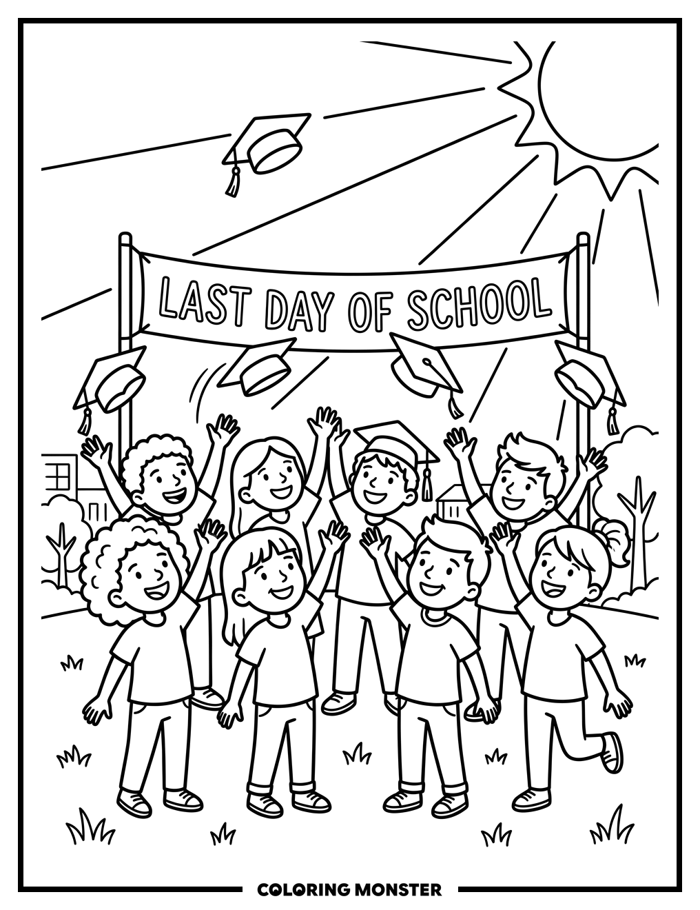 Children Celebrate The Last Day Of School Coloring Page
