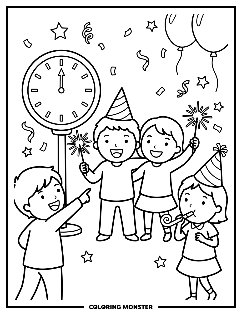 Children Celebrating New Year's Eve Coloring Page