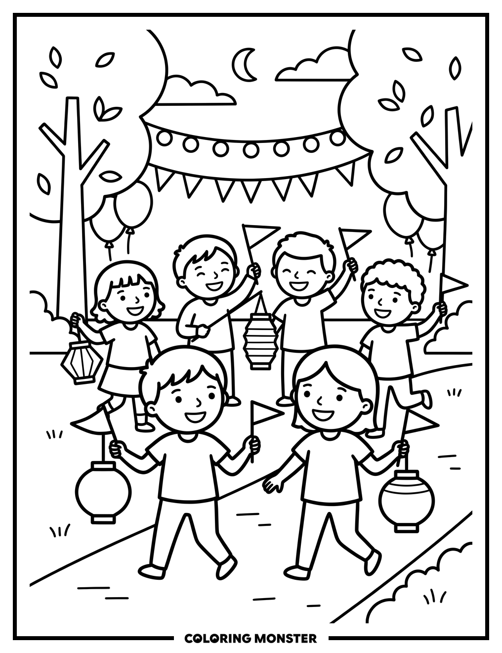 Children Celebrating with Lanterns and Flags Coloring Page