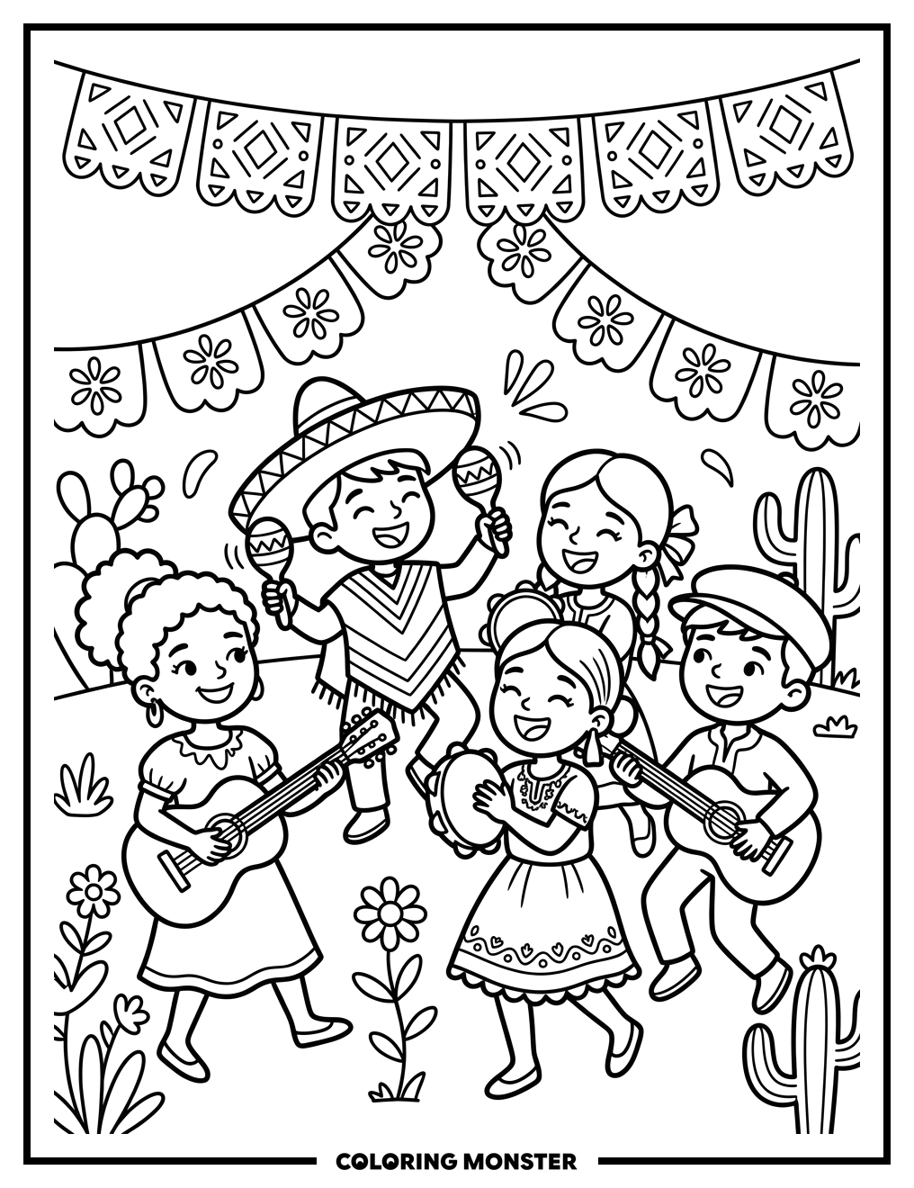 Children Celebrating with Music and Decorations Coloring Page