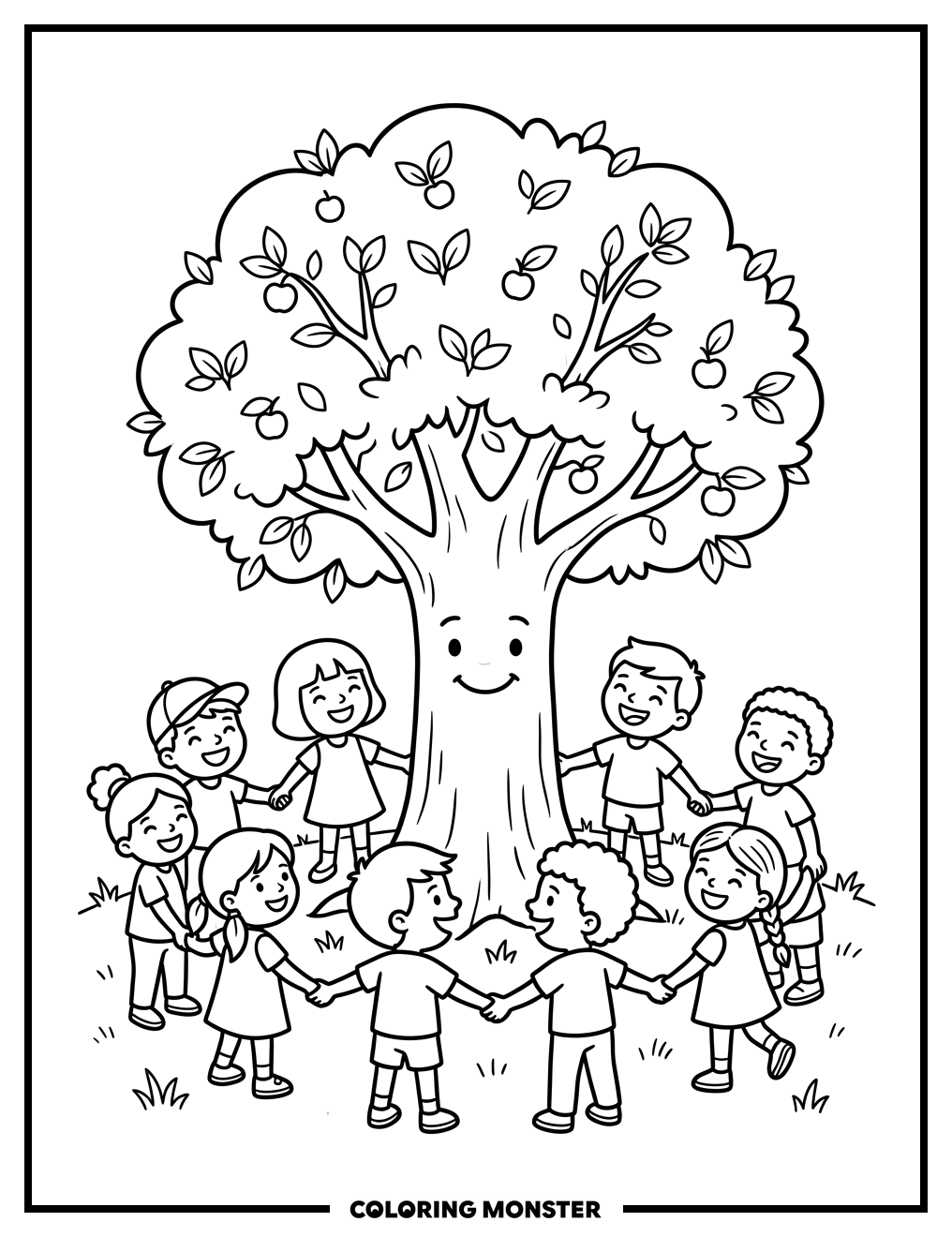 Children Circle Friendly Tree Coloring Page