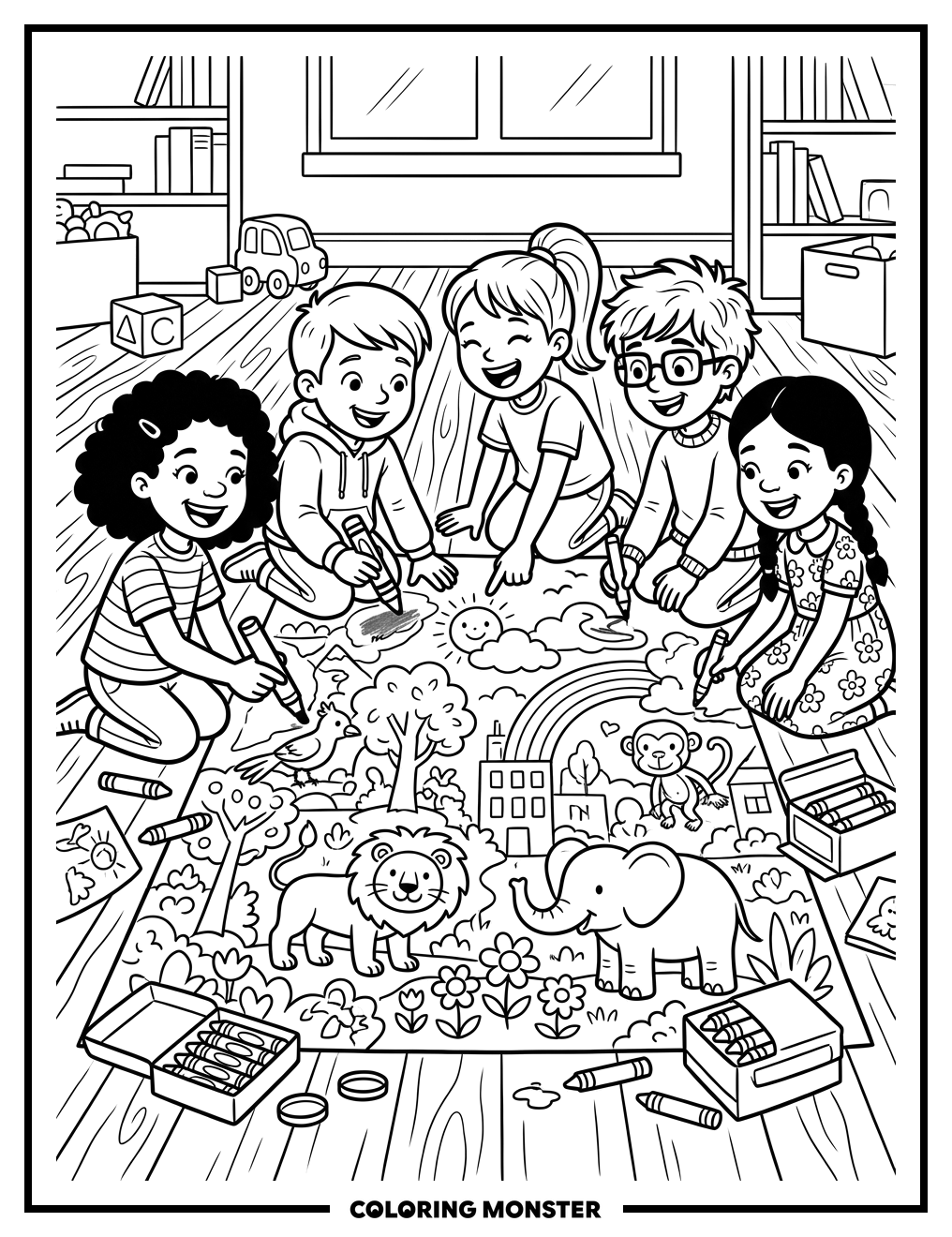 Children Collaborating on a Colorful Artwork Coloring Page