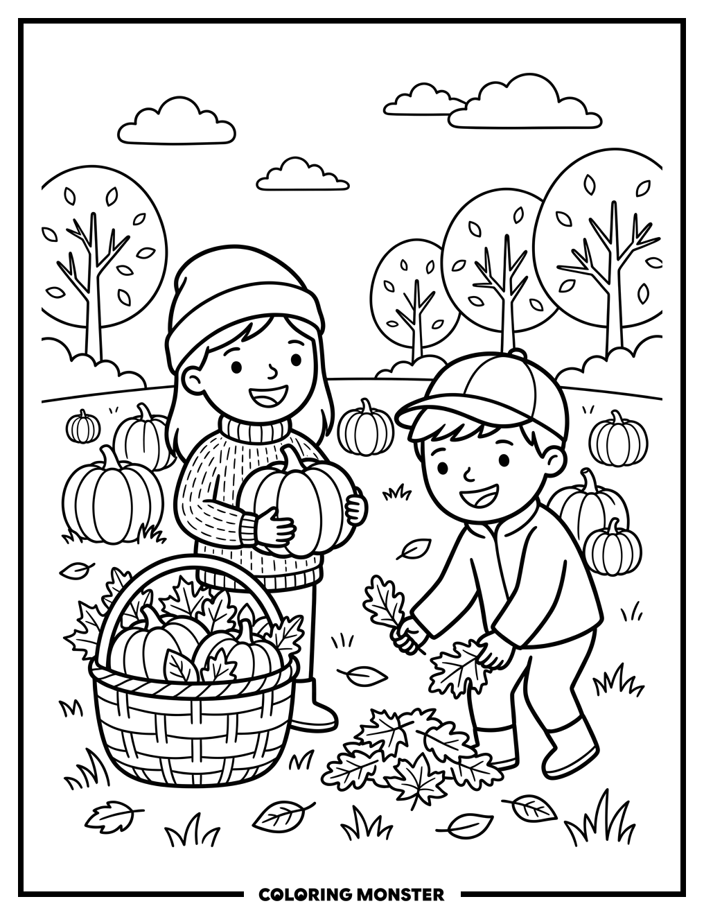 Children Collecting Autumn Harvest Coloring Page