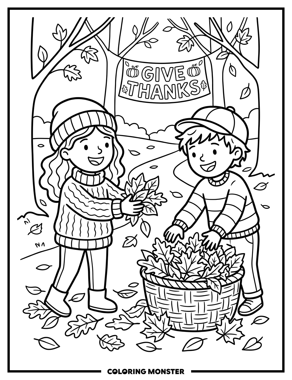 Children Collecting Autumn Leaves Coloring Page
