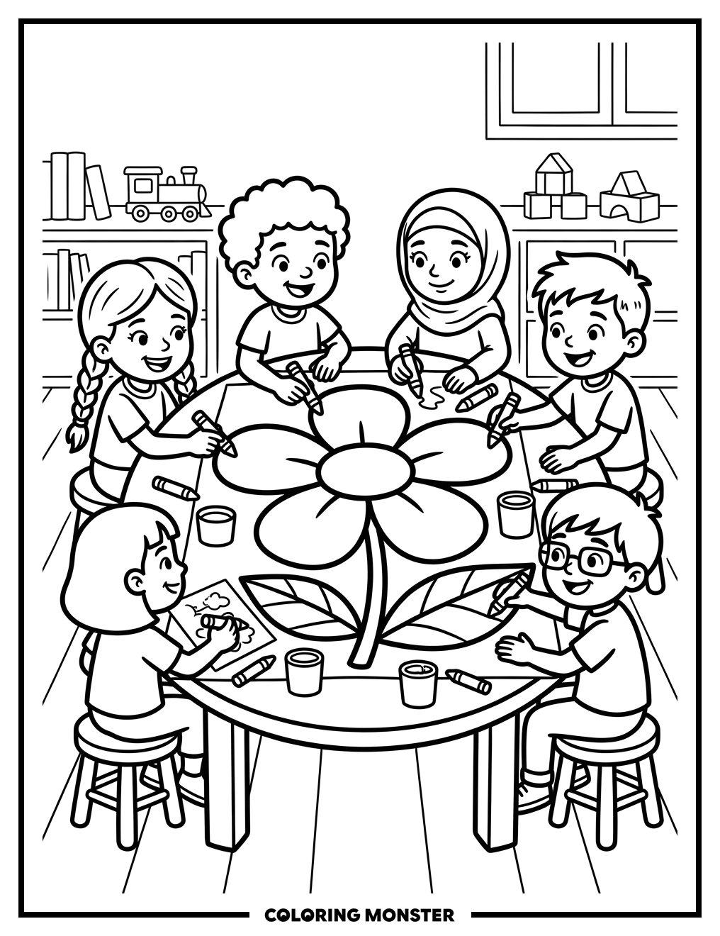 Children Coloring a Big Flower Coloring Page