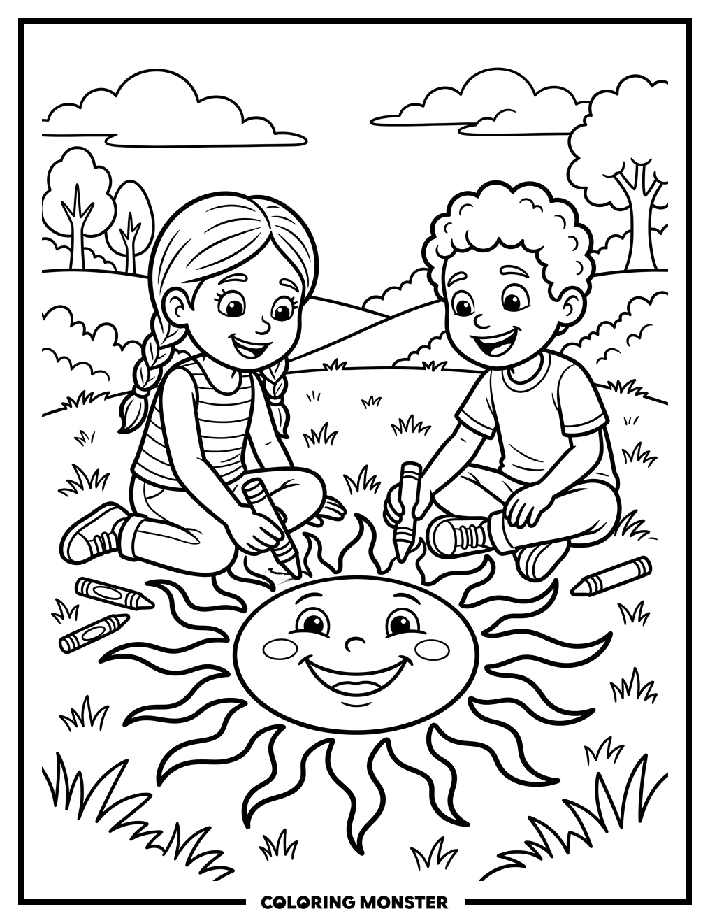 Children Coloring a Happy Sun Coloring Page