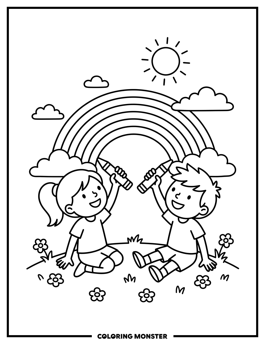 Children Coloring a Rainbow Coloring Page