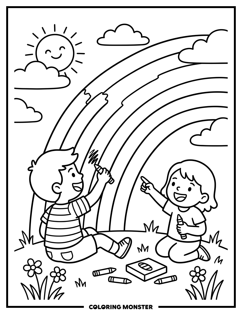 Children Coloring A Rainbow Coloring Page