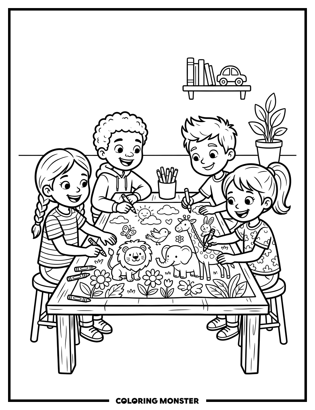 Children Coloring Together Coloring Page