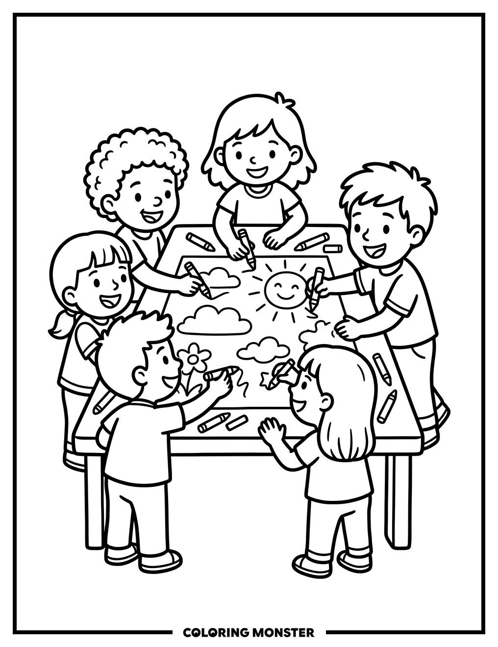 Children Coloring Together At A Table Coloring Page